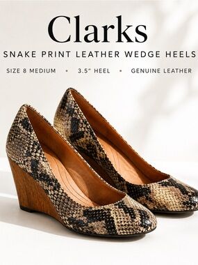 Clarks Snake Print Leather Comfort Wedge Heels Size 8M Career Office Pumps